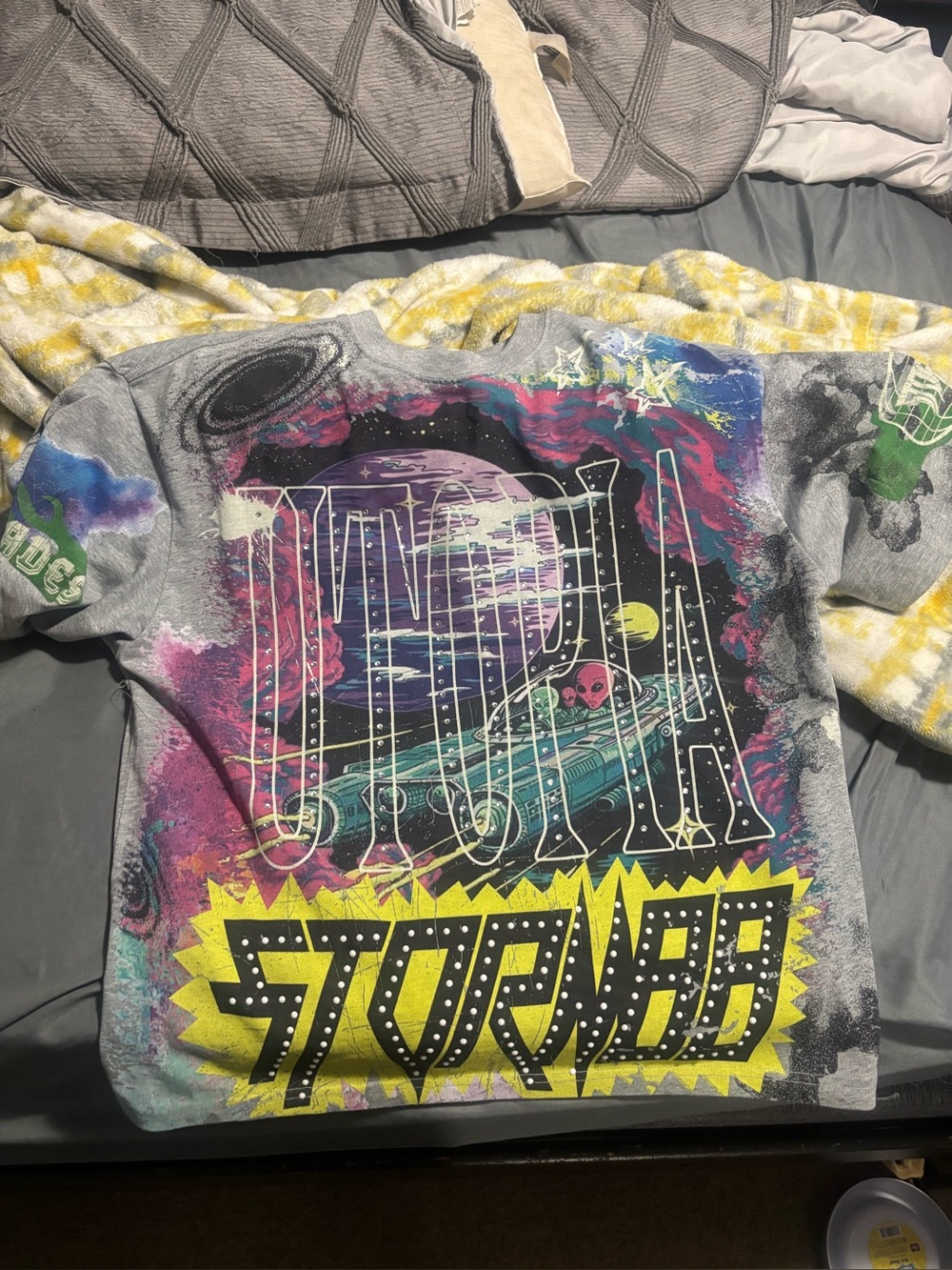 Space Graphic Long Sleeve Tee in Gray, Purple & Neon Yellow
